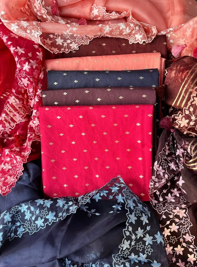 Tarang | ترنگ | तरंग : Soft Moonga Silk Salwars with Organza Dupatta (Magenta)