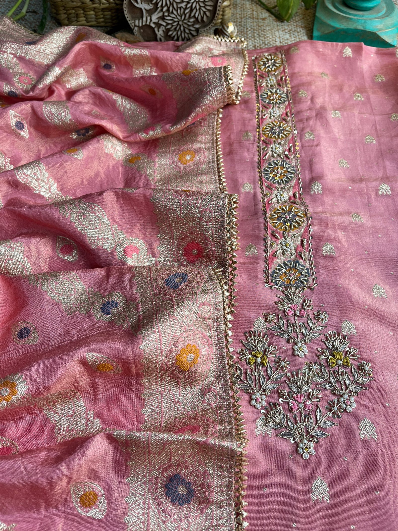 Preet | پریت | प्रीत : Woven Banarasi Silk Salwar with Handwork by Ikhtirah (Pink) - Image 10
