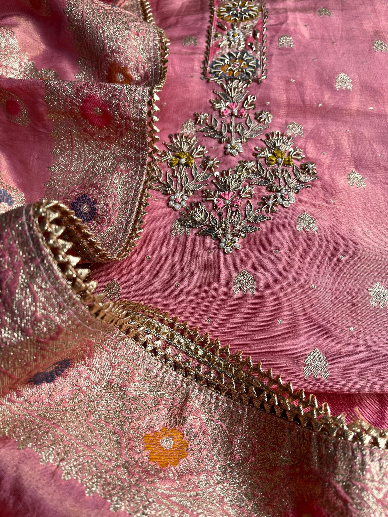 Preet | پریت | प्रीत : Woven Banarasi Silk Salwar with Handwork by Ikhtirah (Pink) - Image 12