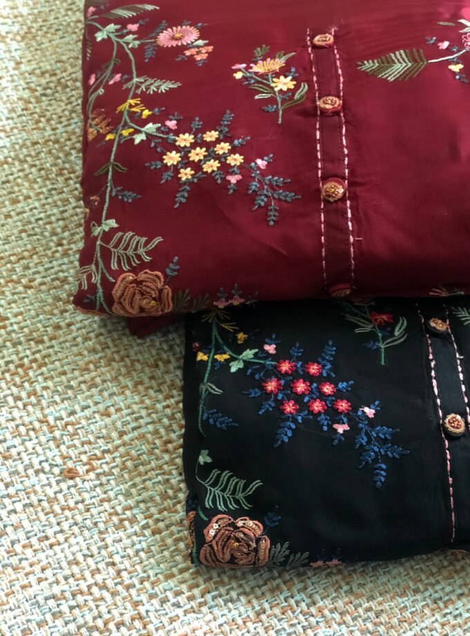 Aarab | عرب | आराब (Maroon) : Embroidered Organza Salwar with lining by Ikhtirah