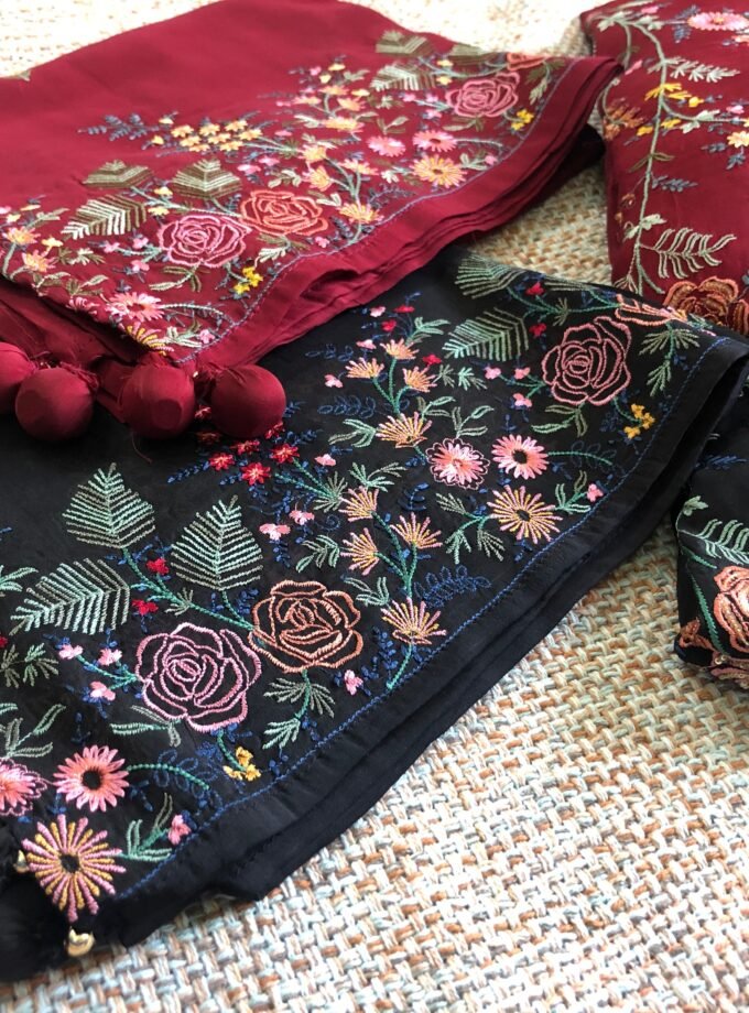 Aarab | عرب | आराब (Maroon) : Embroidered Organza Salwar with lining by Ikhtirah