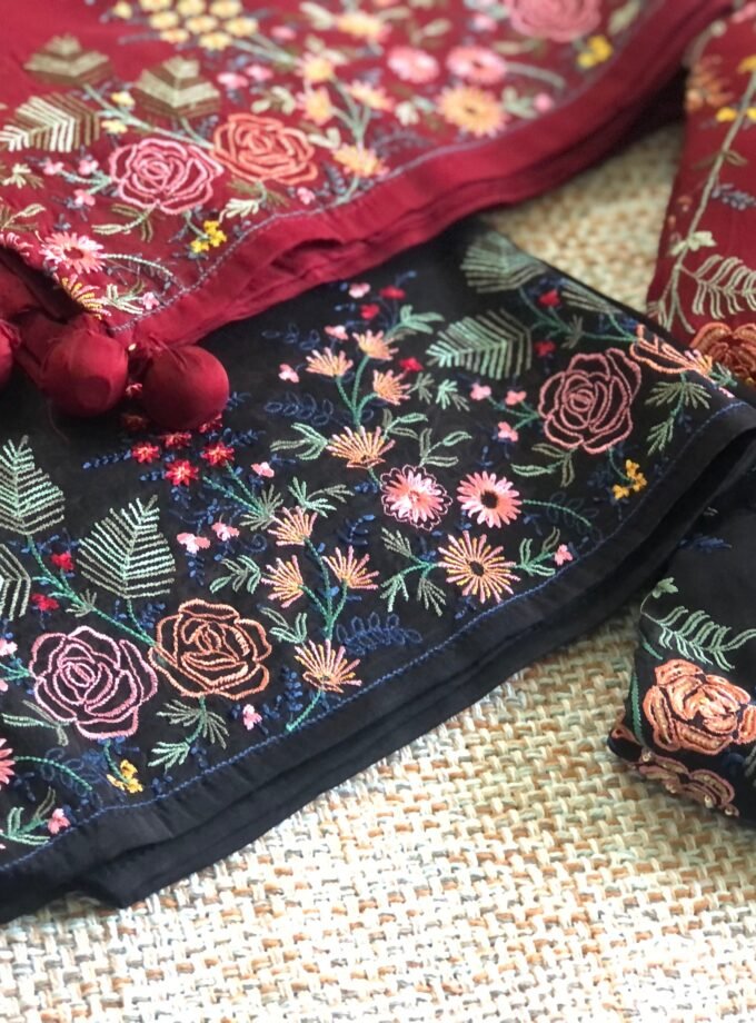 Aarab | عرب | आराब (Maroon) : Embroidered Organza Salwar with lining by Ikhtirah