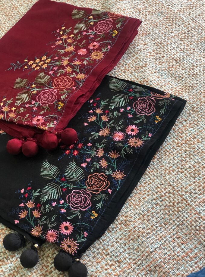 Aarab | عرب | आराब (Maroon) : Embroidered Organza Salwar with lining by Ikhtirah