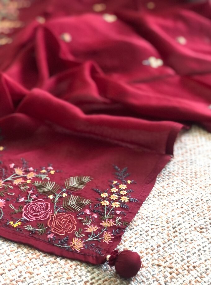Aarab | عرب | आराब (Maroon) : Embroidered Organza Salwar with lining by Ikhtirah