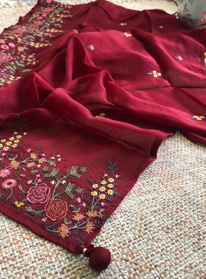 Aarab | عرب | आराब (Maroon) : Embroidered Organza Salwar with lining by Ikhtirah