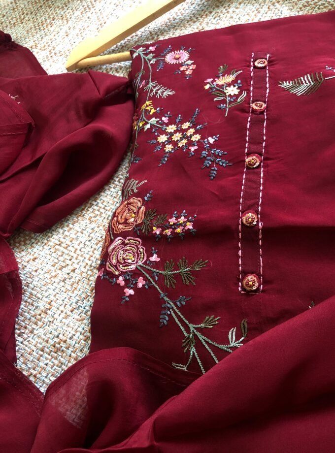 Aarab | عرب | आराब (Maroon) : Embroidered Organza Salwar with lining by Ikhtirah