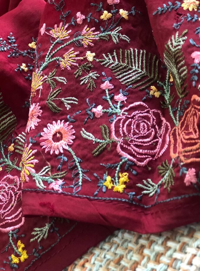 Aarab | عرب | आराब (Maroon) : Embroidered Organza Salwar with lining by Ikhtirah