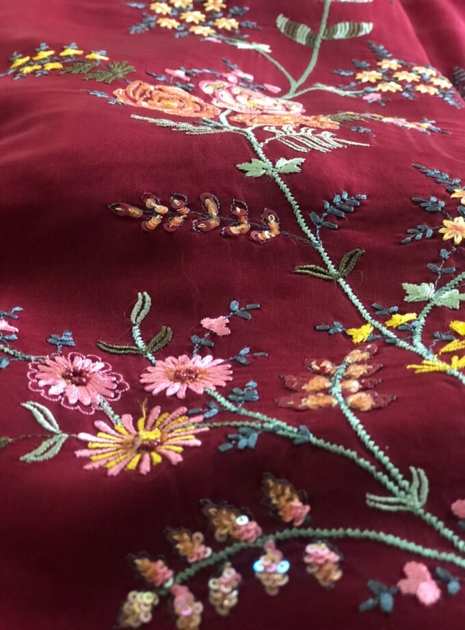 Aarab | عرب | आराब (Maroon) : Embroidered Organza Salwar with lining by Ikhtirah