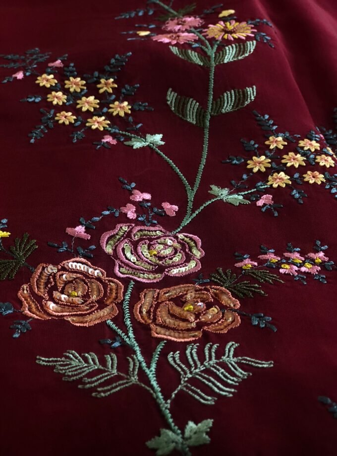 Aarab | عرب | आराब (Maroon) : Embroidered Organza Salwar with lining by Ikhtirah