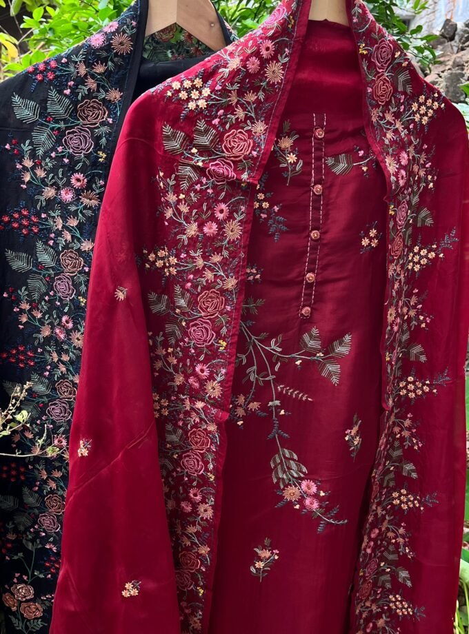 Aarab | عرب | आराब (Maroon) : Embroidered Organza Salwar with lining by Ikhtirah