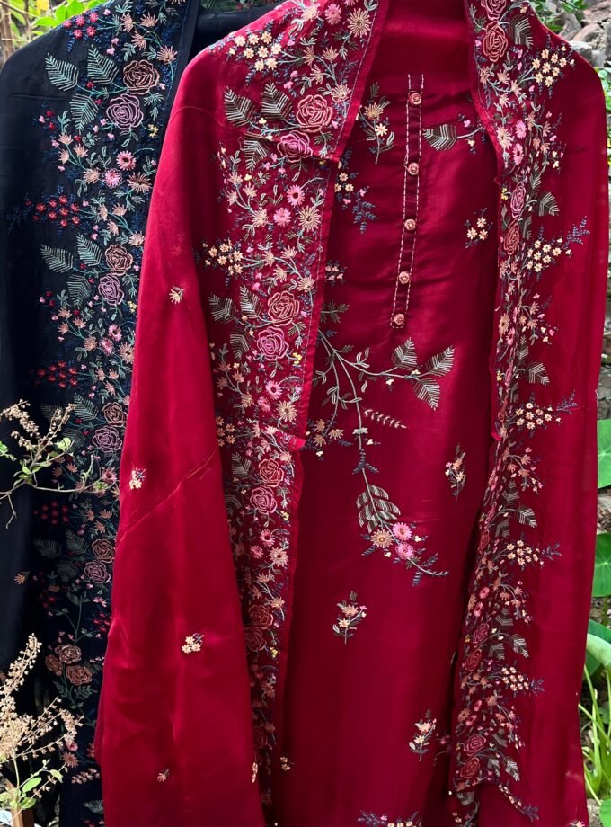 Aarab | عرب | आराब (Maroon) : Embroidered Organza Salwar with lining by Ikhtirah