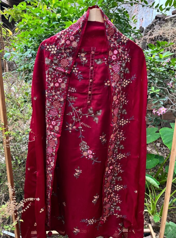 Aarab | عرب | आराब (Maroon) : Embroidered Organza Salwar with lining by Ikhtirah