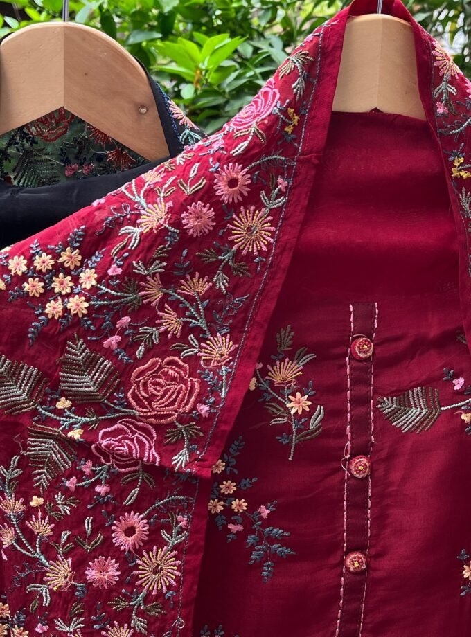 Aarab | عرب | आराब (Maroon) : Embroidered Organza Salwar with lining by Ikhtirah