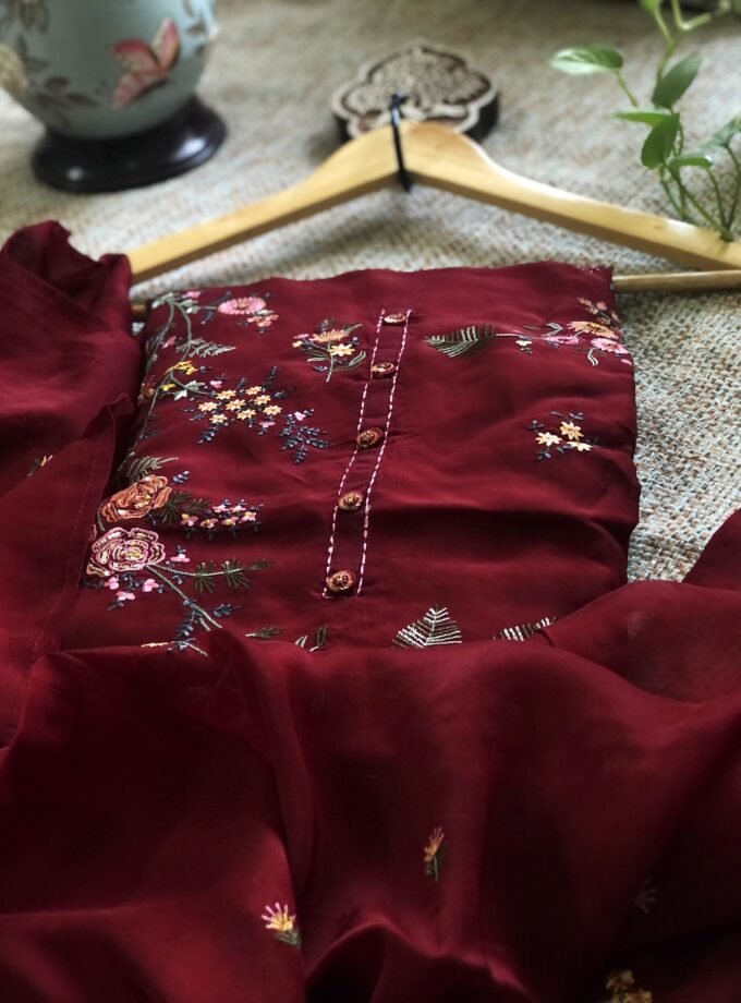 Aarab | عرب | आराब (Maroon) : Embroidered Organza Salwar with lining by Ikhtirah