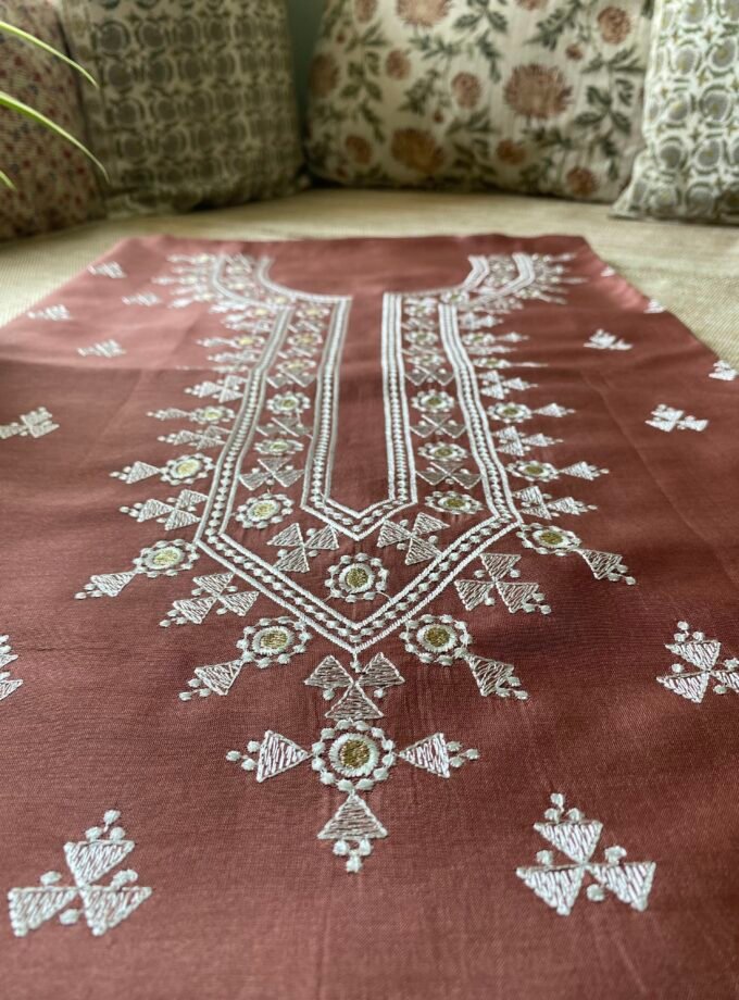 Pehel | نقل | पहल : Embroidered Pure Chanderi Silk Salwar Kameez (Chocolate Brown)