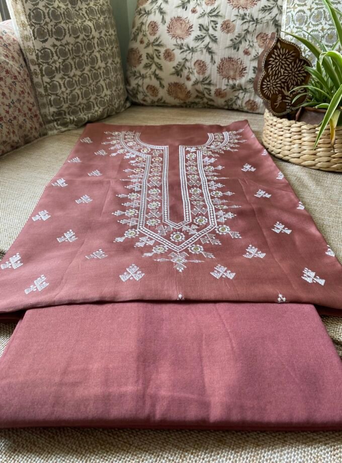 Pehel | نقل | पहल : Embroidered Pure Chanderi Silk Salwar Kameez (Chocolate Brown)