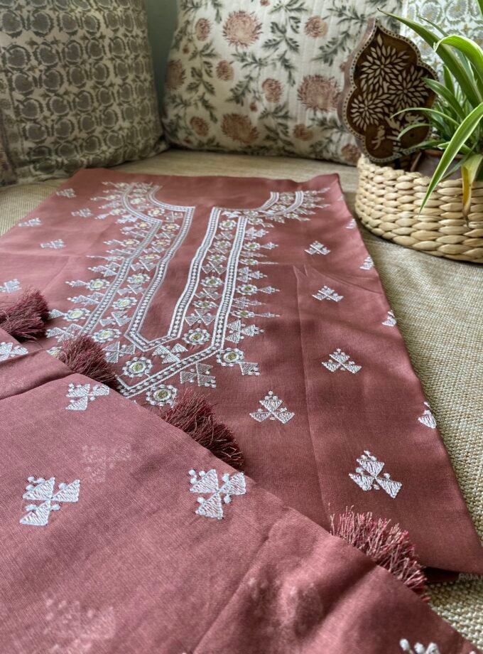 Pehel | نقل | पहल : Embroidered Pure Chanderi Silk Salwar Kameez (Chocolate Brown)