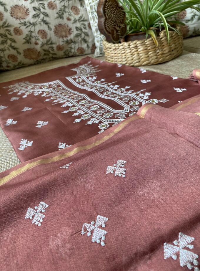 Pehel | نقل | पहल : Embroidered Pure Chanderi Silk Salwar Kameez (Chocolate Brown)