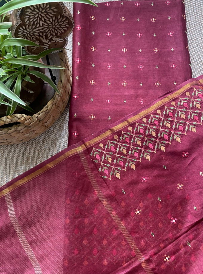 Raunak | راونک | रौनक : Embroidered Pure Chanderi Cotton Salwar (Maroon)