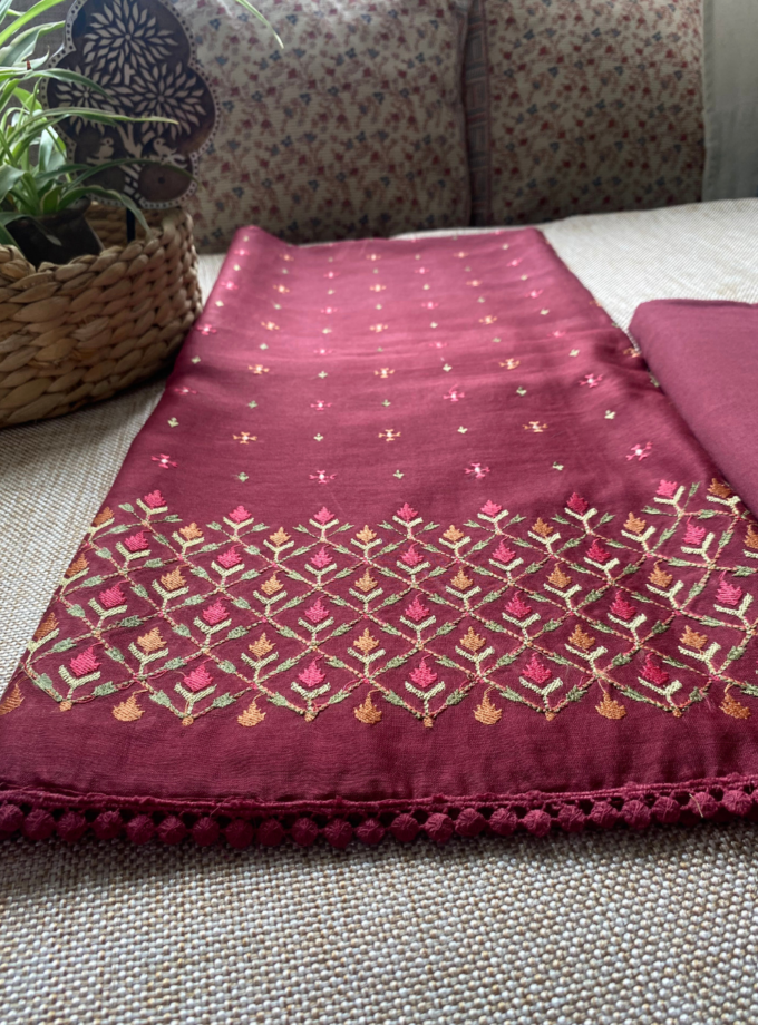 Raunak | راونک | रौनक : Embroidered Pure Chanderi Cotton Salwar (Maroon)