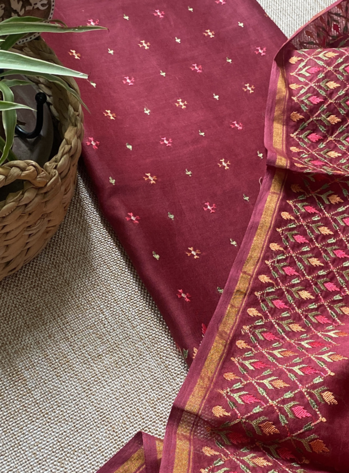 Raunak | راونک | रौनक : Embroidered Pure Chanderi Cotton Salwar (Maroon)