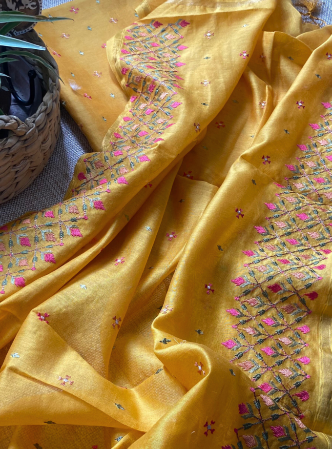 Raunak | راونک | रौनक : Embroidered Pure Chanderi Cotton Salwar (Earthy Yellow)