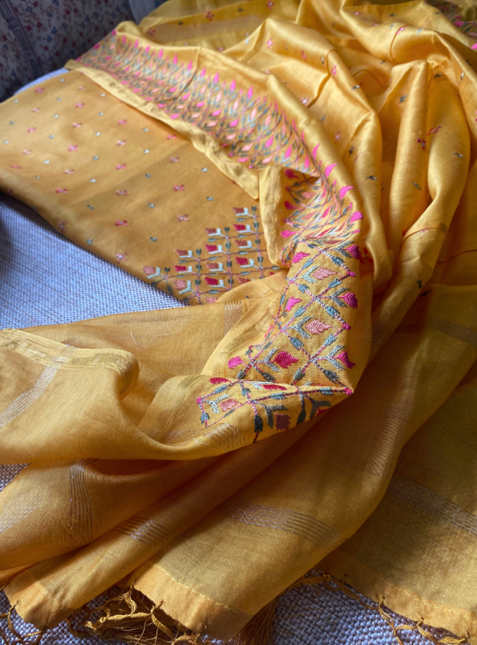 Raunak | راونک | रौनक : Embroidered Pure Chanderi Cotton Salwar (Earthy Yellow)