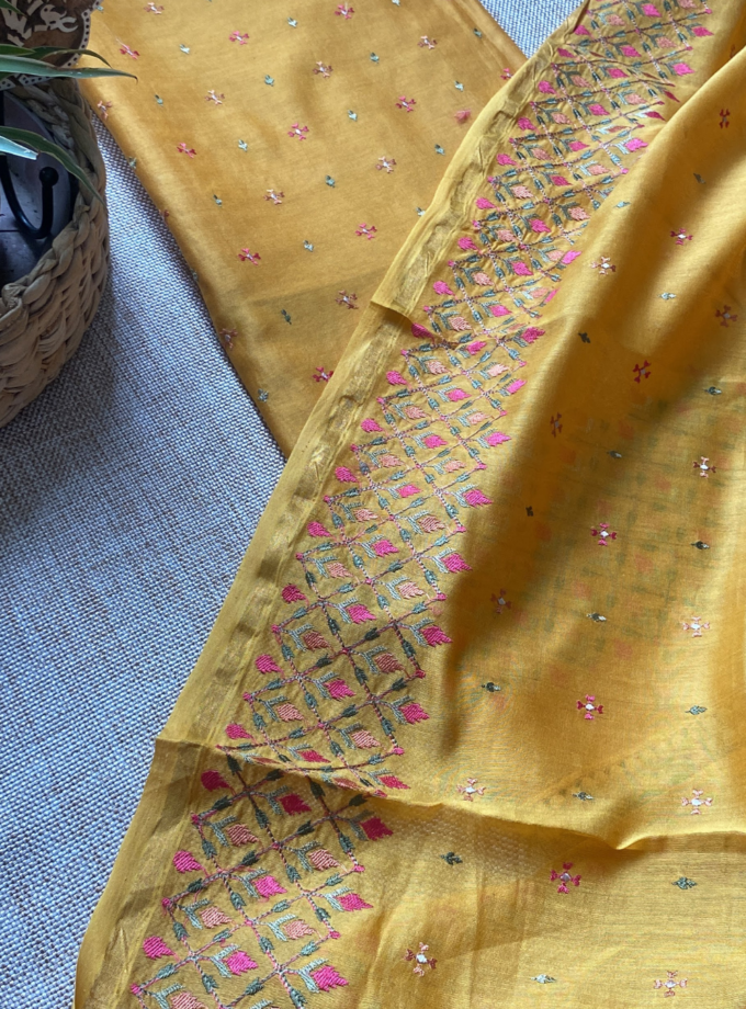 Raunak | راونک | रौनक : Embroidered Pure Chanderi Cotton Salwar (Earthy Yellow)