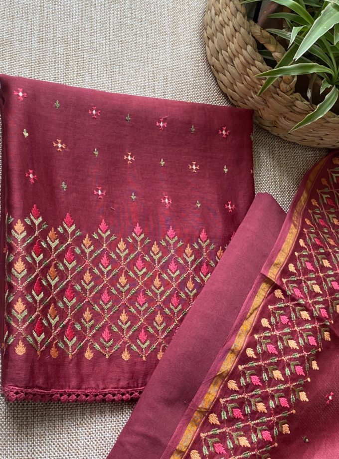 Raunak | راونک | रौनक : Embroidered Pure Chanderi Cotton Salwar (Maroon)