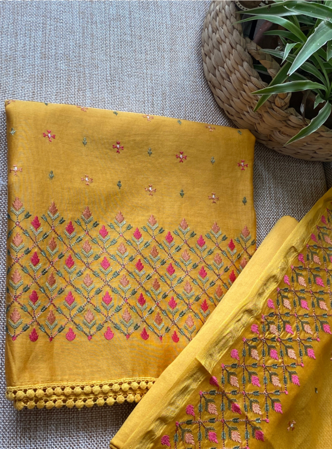 Raunak | راونک | रौनक : Embroidered Pure Chanderi Cotton Salwar (Earthy Yellow)