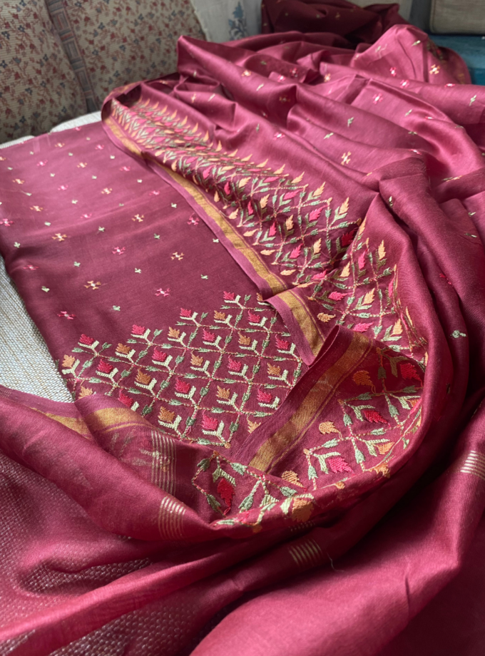 Raunak | راونک | रौनक : Embroidered Pure Chanderi Cotton Salwar (Maroon)
