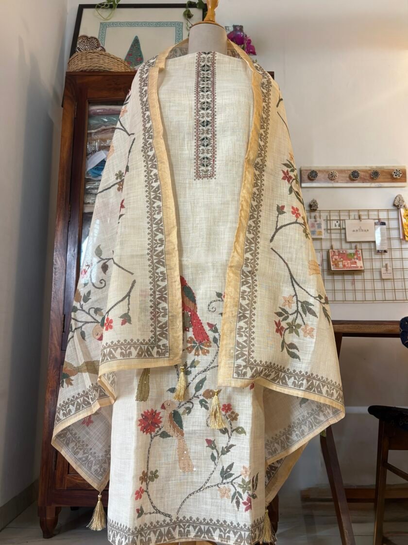 Shimmer Cotton Linen Salwar with Hand Kantha Highlights by Ikhtirah - Image 10