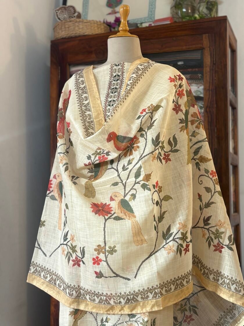 Shimmer Cotton Linen Salwar with Hand Kantha Highlights by Ikhtirah