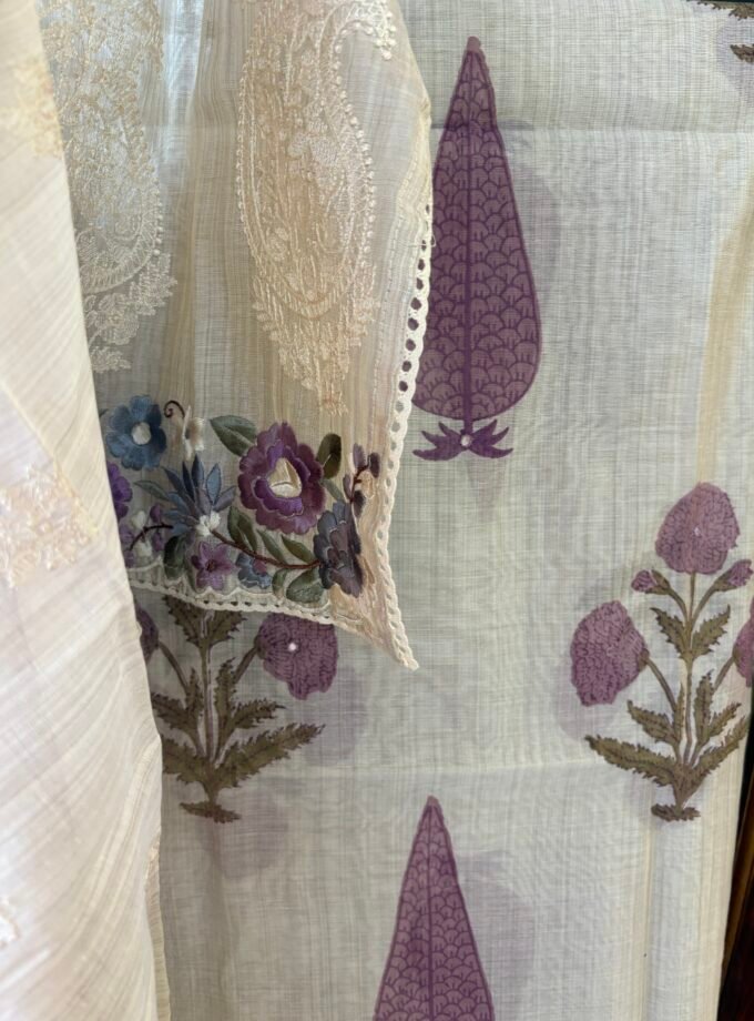 Handblocked Chanderi Cotton Salwar with Parsi Gara Embroidered Maheshwari Woven Dupatta by Ikhtirah