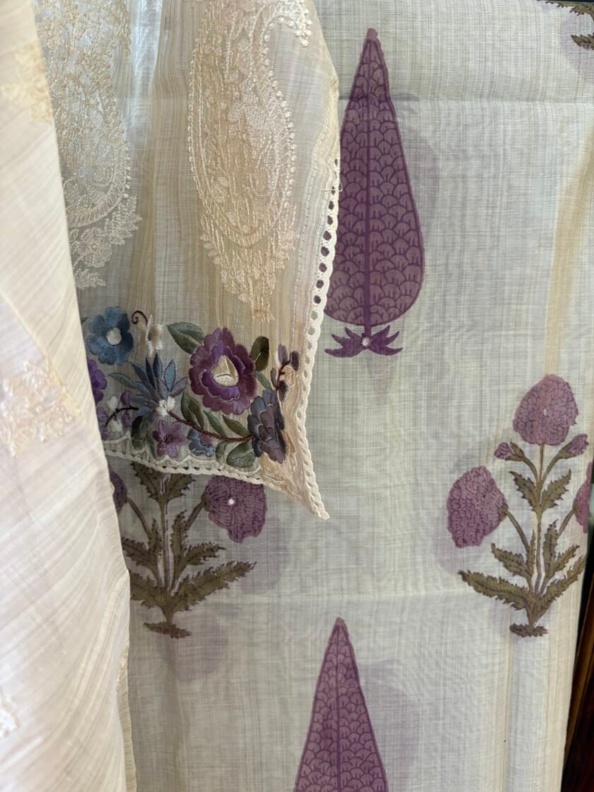 Handblocked Chanderi Cotton Salwar with Parsi Gara Embroidered Maheshwari Woven Dupatta by Ikhtirah - Image 2