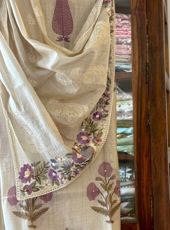 Handblocked Chanderi Cotton Salwar with Parsi Gara Embroidered Maheshwari Woven Dupatta by Ikhtirah