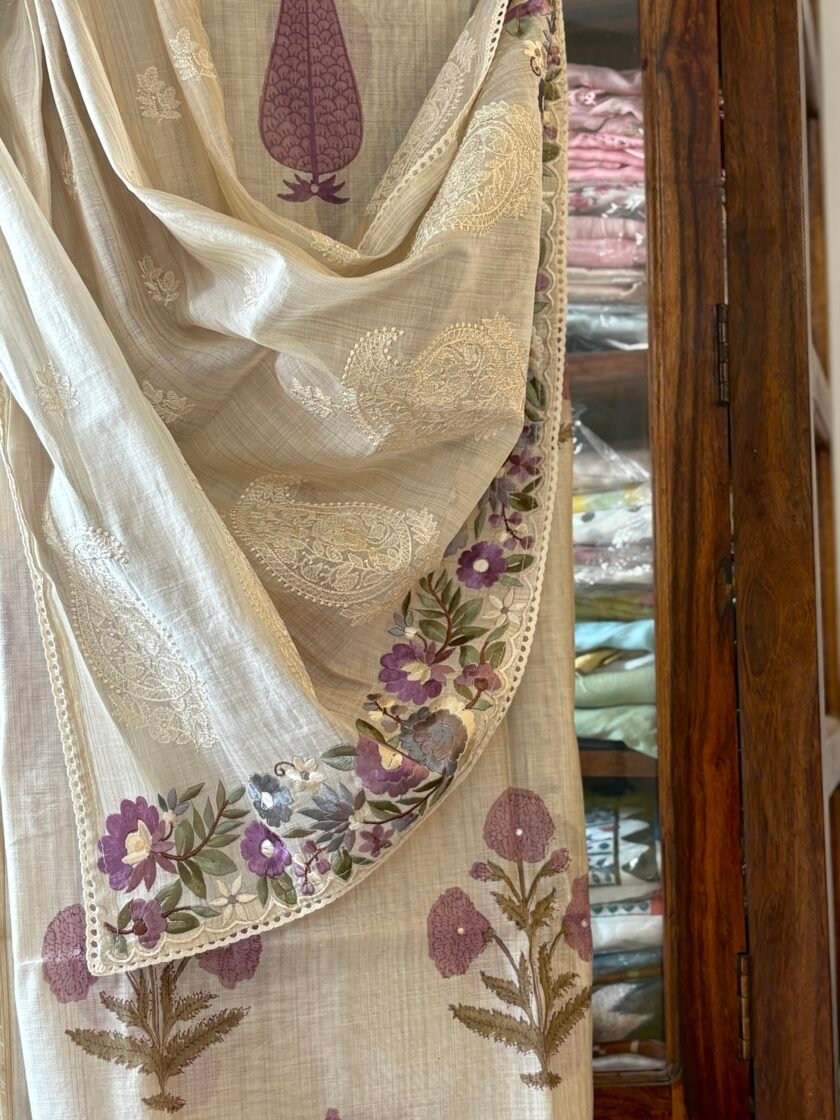 Handblocked Chanderi Cotton Salwar with Parsi Gara Embroidered Maheshwari Woven Dupatta by Ikhtirah - Image 6