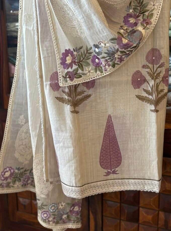 Handblocked Chanderi Cotton Salwar with Parsi Gara Embroidered Maheshwari Woven Dupatta by Ikhtirah