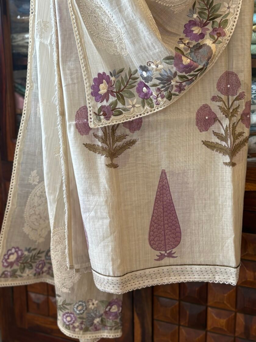 Handblocked Chanderi Cotton Salwar with Parsi Gara Embroidered Maheshwari Woven Dupatta by Ikhtirah - Image 3