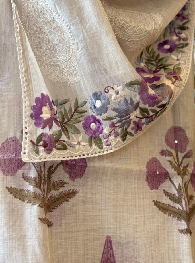 Handblocked Chanderi Cotton Salwar with Parsi Gara Embroidered Maheshwari Woven Dupatta by Ikhtirah