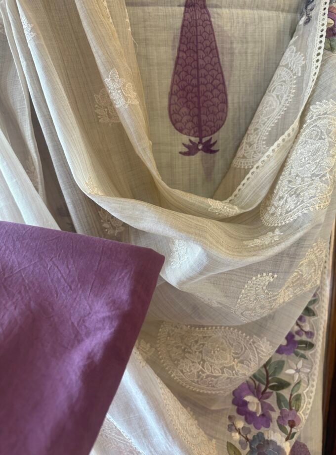 Handblocked Chanderi Cotton Salwar with Parsi Gara Embroidered Maheshwari Woven Dupatta by Ikhtirah