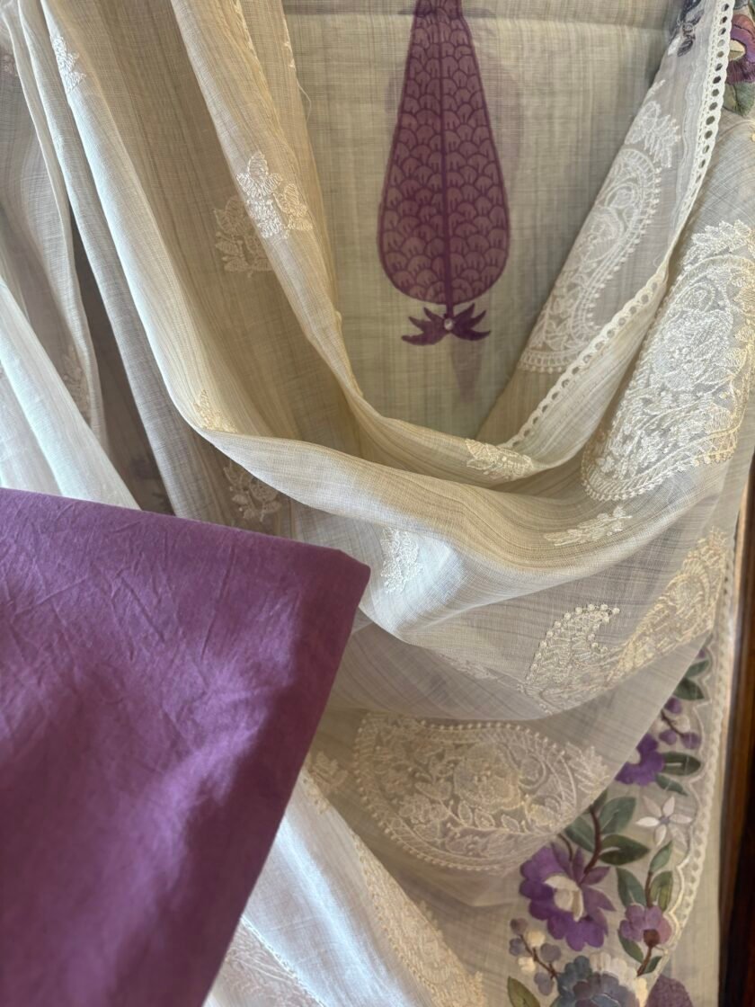 Handblocked Chanderi Cotton Salwar with Parsi Gara Embroidered Maheshwari Woven Dupatta by Ikhtirah - Image 5