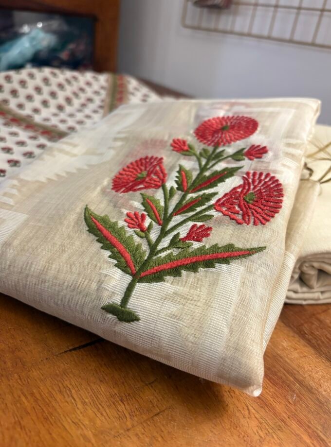 Hand blocked Chanderi Cotton Salwar with Embroidered Woven Dupatta by Ikhtirah