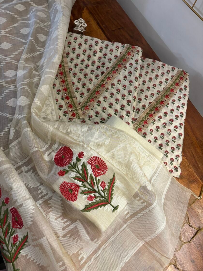 Hand blocked Chanderi Cotton Salwar with Embroidered Woven Dupatta by Ikhtirah - Image 3
