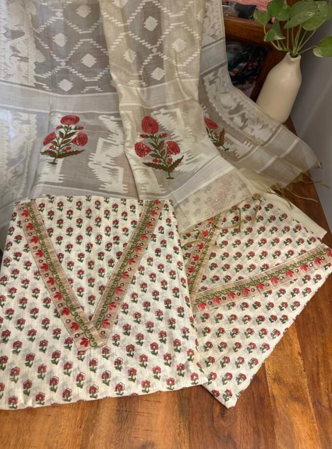 Hand blocked Chanderi Cotton Salwar with Embroidered Woven Dupatta by Ikhtirah