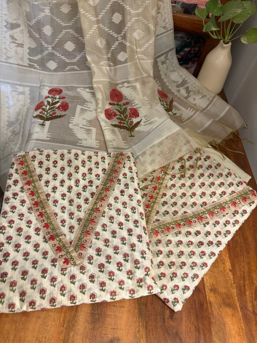 Hand blocked Chanderi Cotton Salwar with Embroidered Woven Dupatta by Ikhtirah