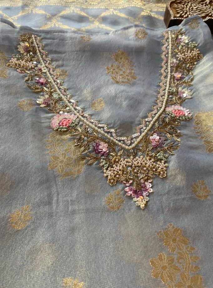 Noor | نور | नूर : Hand-Embroidered Zari Woven Tissue Salwars by Ikhtirah