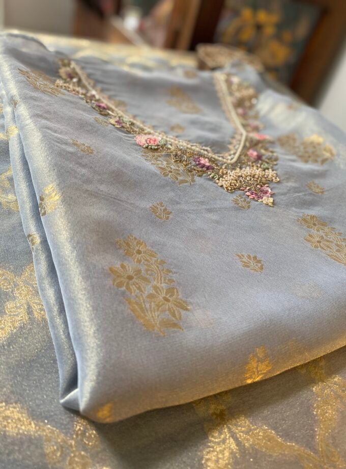 Noor | نور | नूर : Hand-Embroidered Zari Woven Tissue Salwars by Ikhtirah