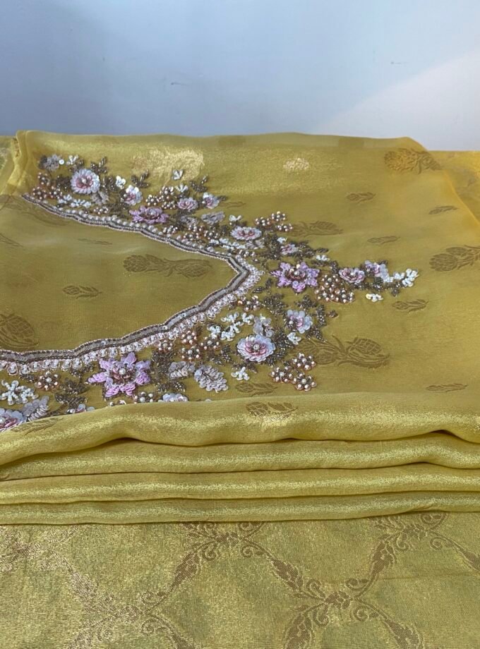 Noor | نور | नूर : Hand-Embroidered Zari Woven Tissue Salwars by Ikhtirah