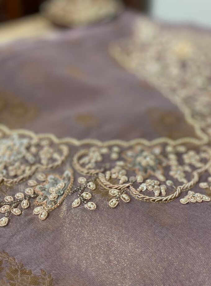 Noor | نور | नूर : Hand-Embroidered Zari Woven Tissue Salwars by Ikhtirah